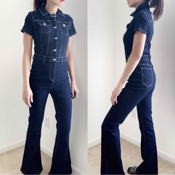 DENIM COLLAR BUTTON JUMPSUIT - DARK DENIM - Picture 2 of 5